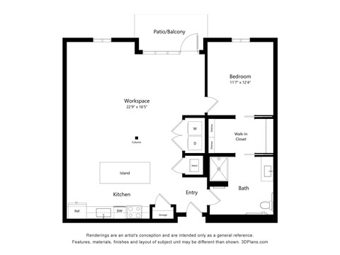 Floor plan for 1 bed, 1 bath, 1023 sqft